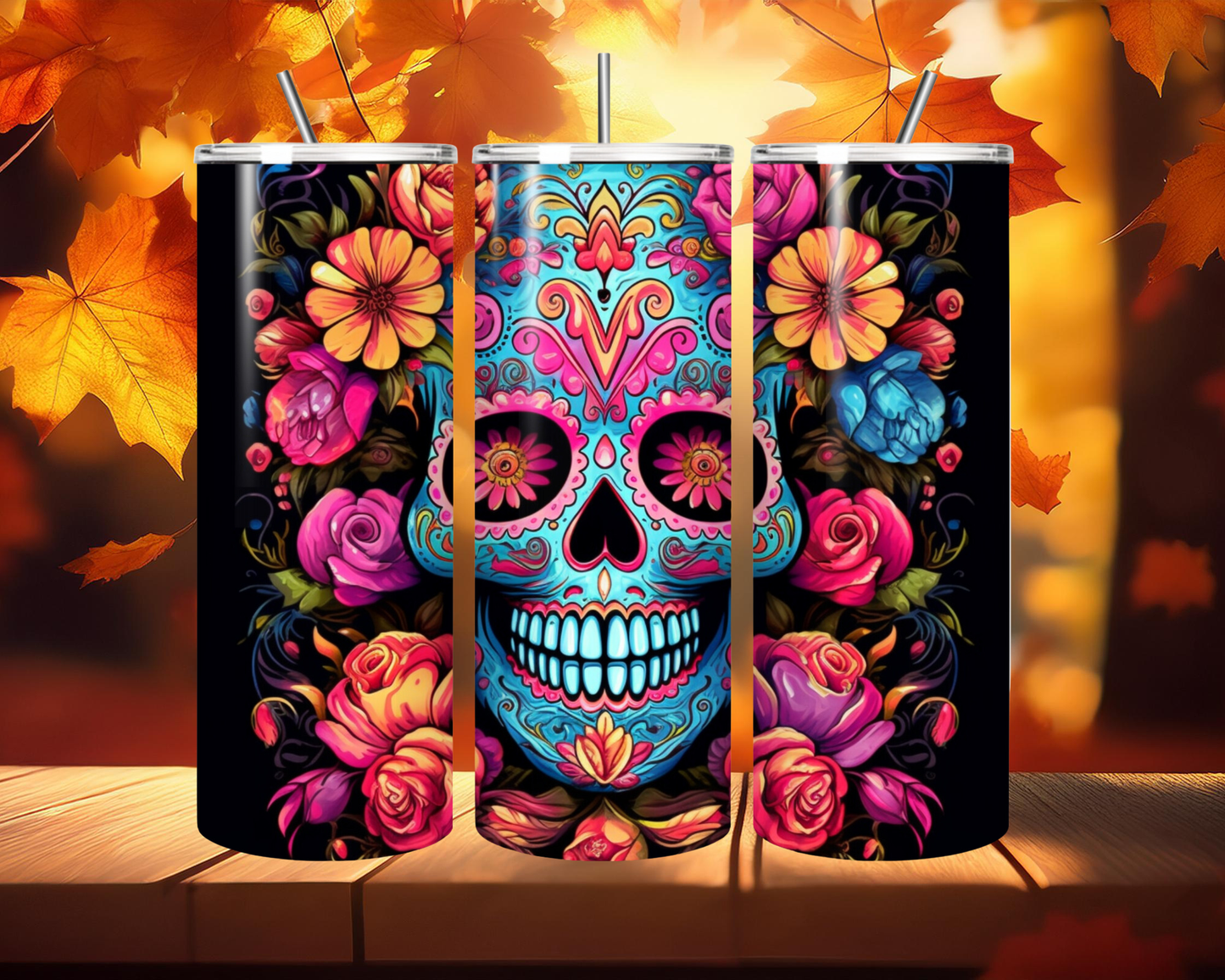 20oz Skinny Sublimated Tumbler - Sugar Skull